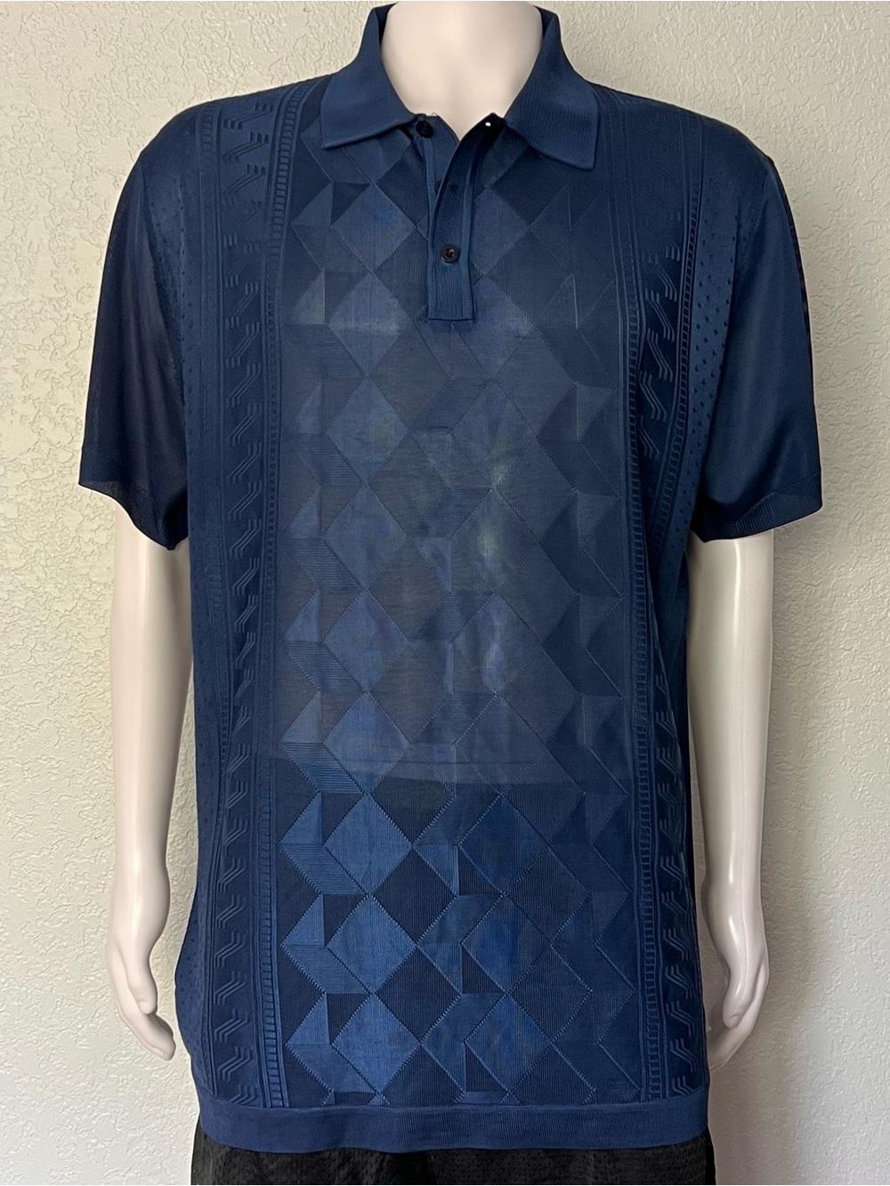 Saint Lorenzo Knit Polo Going Out Shirt Mens 3X Blue Geometric Short Sleeve 3X